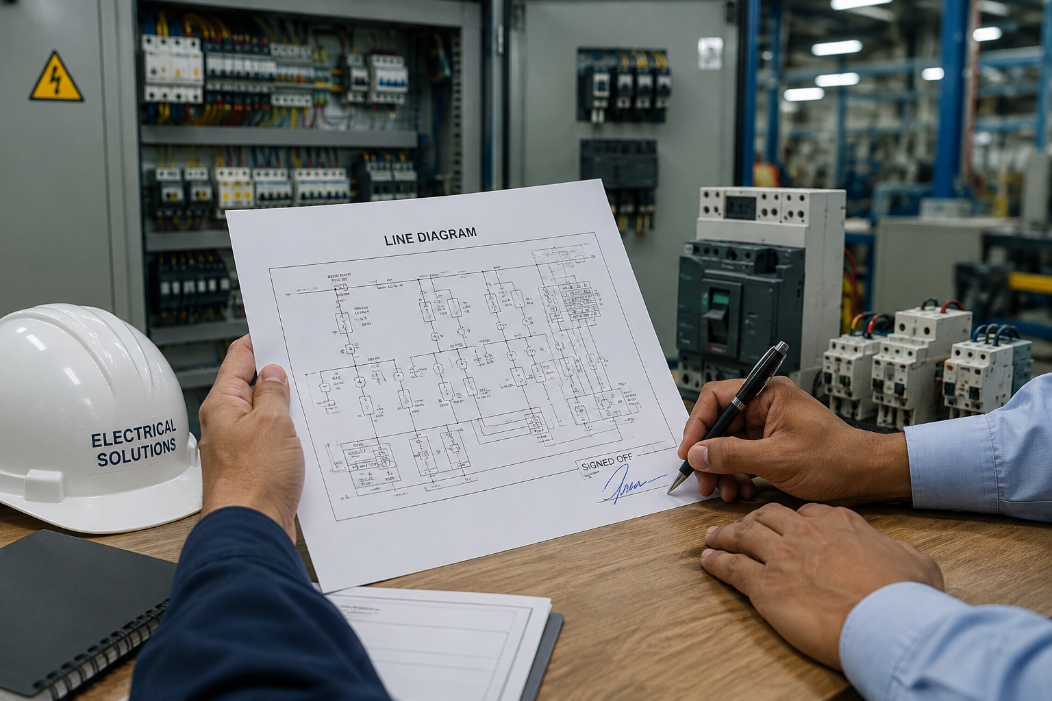 Engineers reviewing a single-line diagram on the drafting table