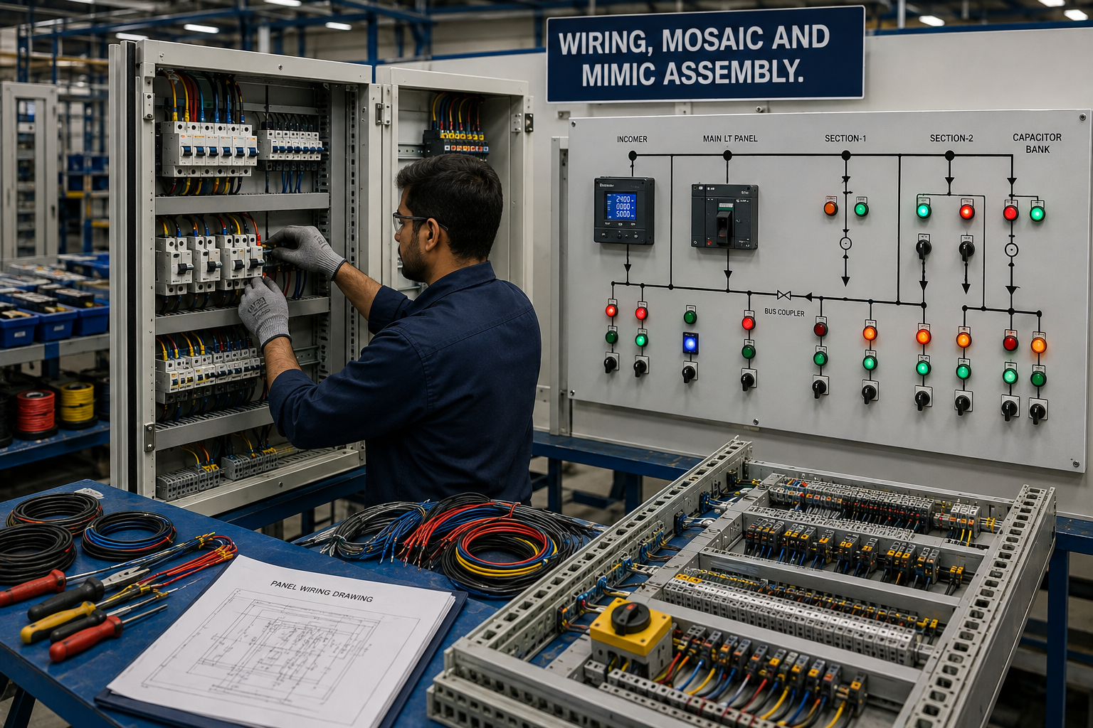 Technician wiring a control panel with ferruled conductors