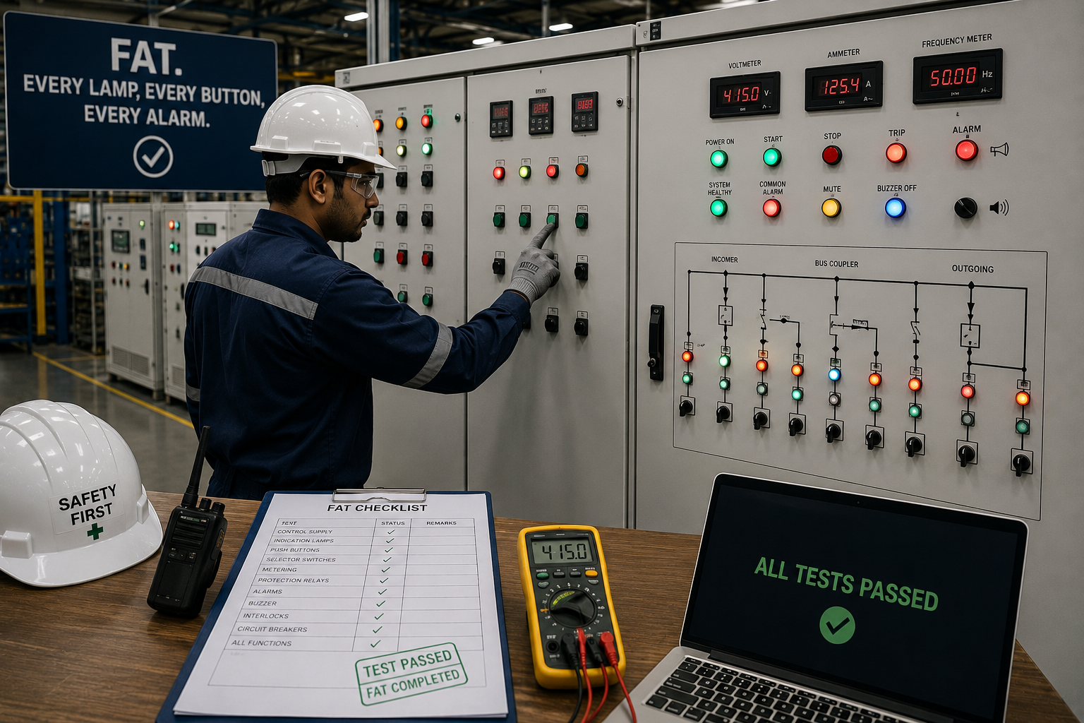 Illuminated industrial control panel during factory acceptance testing