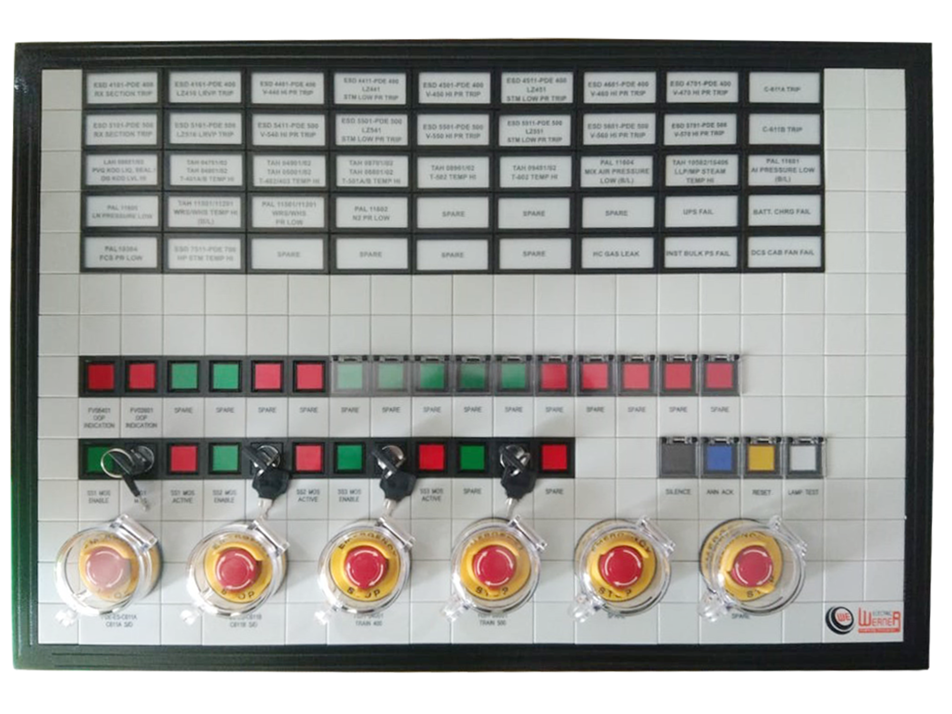 90 Series mosaic mimic control panel — labelled annunciator tiles above rotary selectors and E-stop mushrooms