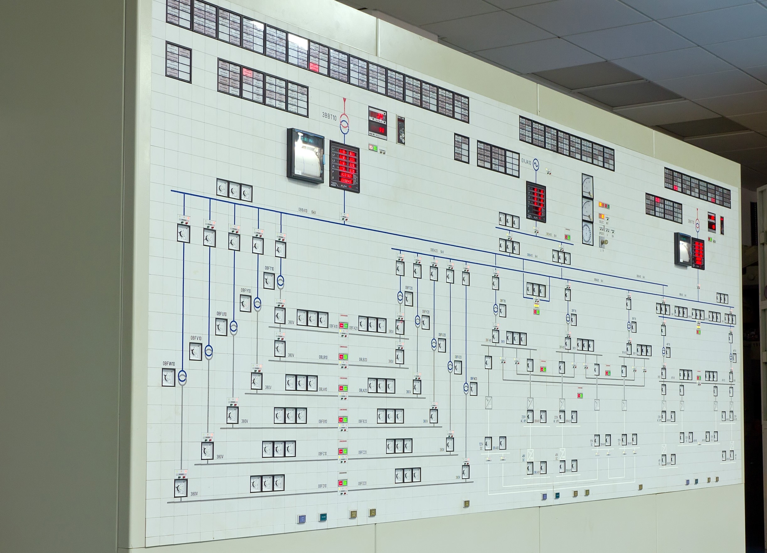 Werner Elektrik mimic panel — full-wall substation single-line diagram with LED status tiles