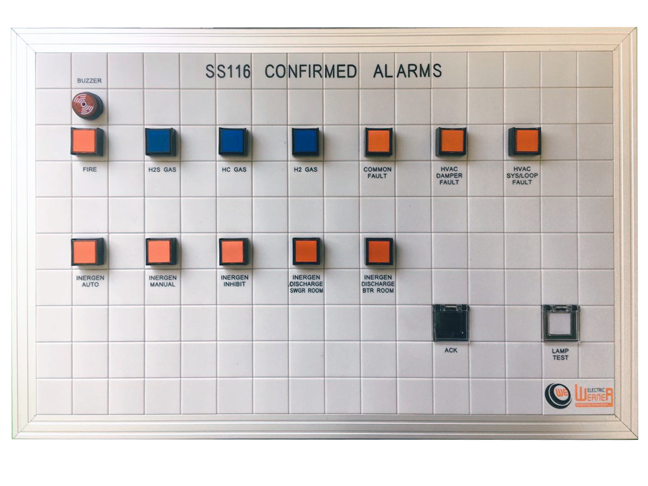 Werner Elektrik mosaic mimic panel — SS116 "Confirmed Alarms" board with fire, gas and inergen fault indicators