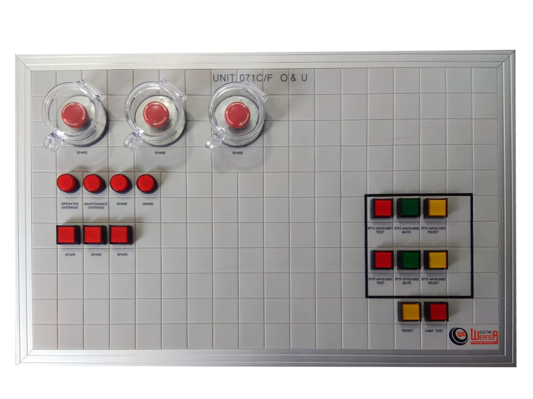 Werner Elektrik mosaic mimic panel — Unit 071C/F O&U board with pushbuttons, e-stops and status LEDs