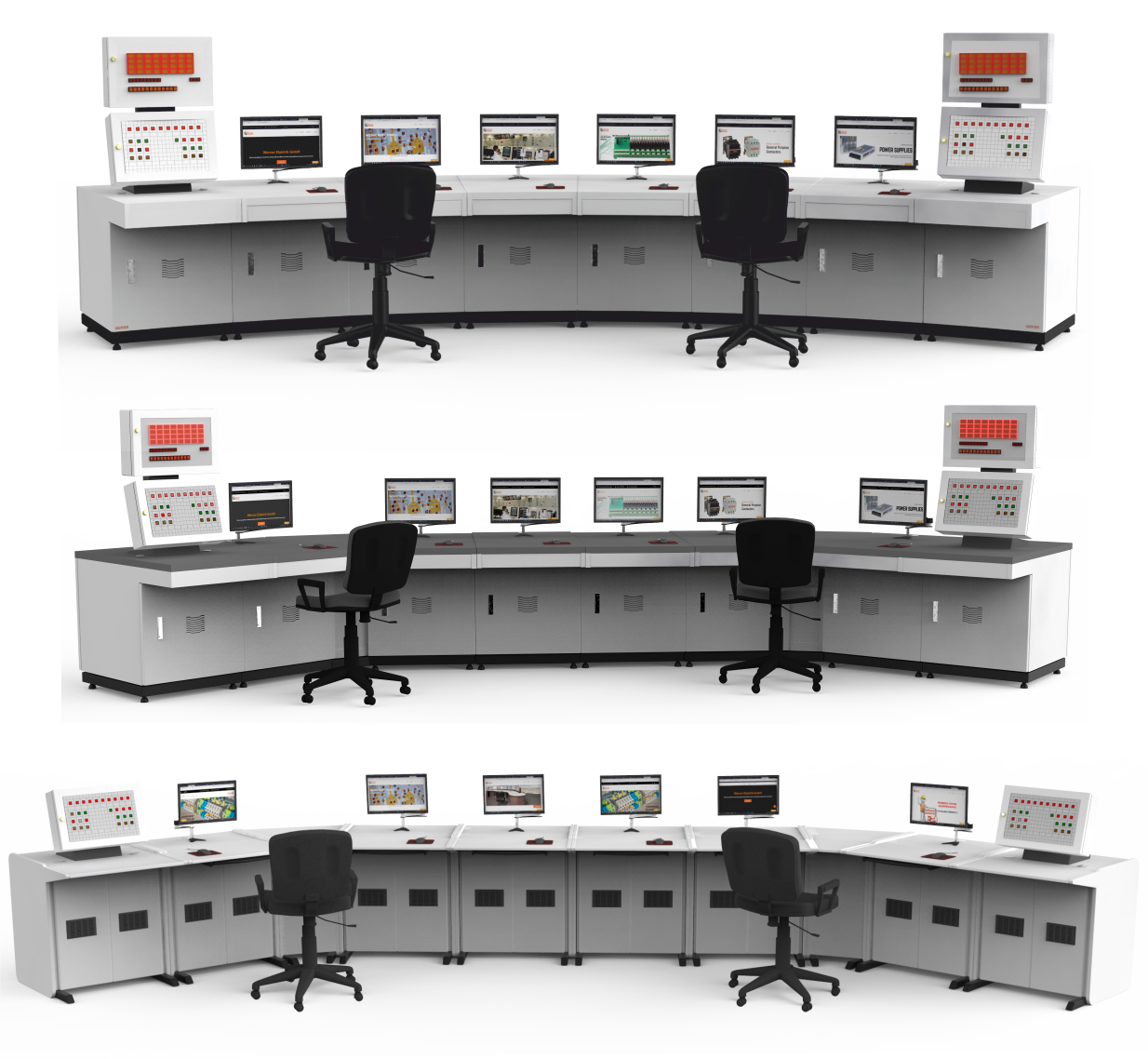 Metallic & modular workstation — large multi-monitor control-room console