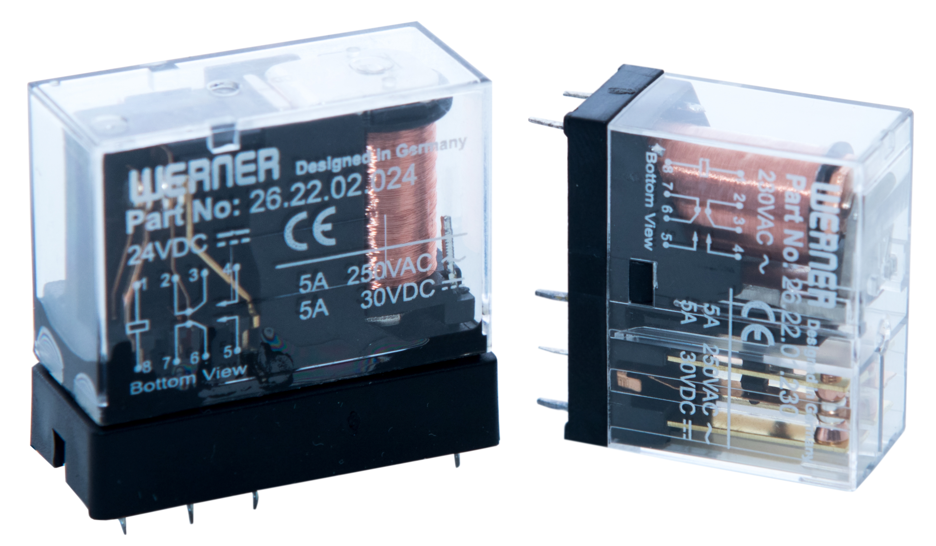 G2R plug-in relays that mate with the SK Series socket — front and bottom view