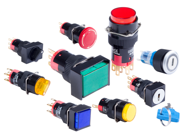 40 Series ø16 mm switches — assortment showing pushbuttons, selectors, key and illuminated variants