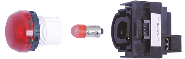 22mm pilot light indicators lined up on a mounting rail
