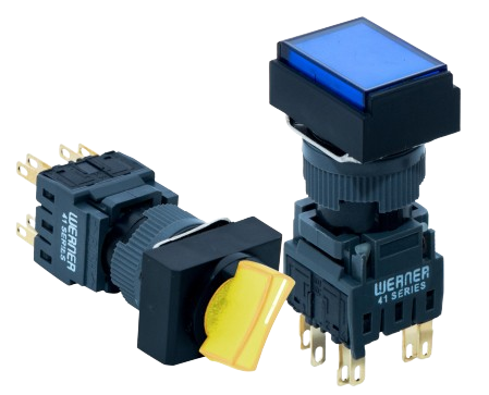 41 Series ø16 mm stackable switches and pilot devices — blue illuminated pushbutton with contact blocks
