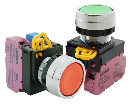 45 Series ø22 mm metal-bezel switches — pushbuttons with stackable contact blocks