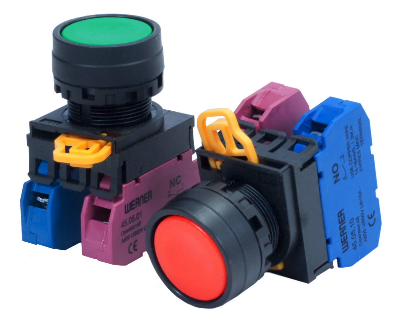 45 Series ø22 mm nylon-bezel switches and pilot devices — pushbuttons with stackable contact blocks