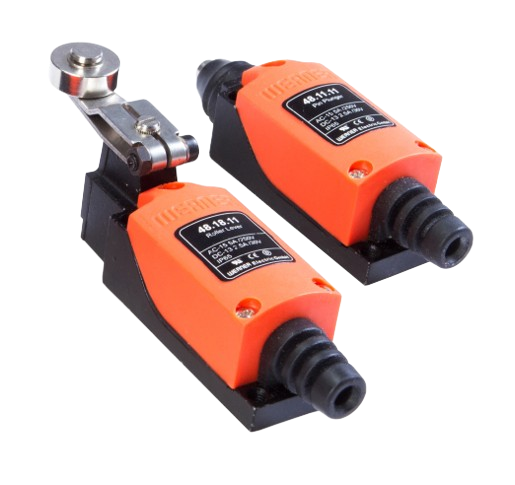 48 Series limit switch — orange die-cast body with roller lever