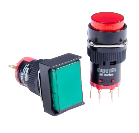40 Series ø16 mm switches and pilot devices — red round pilot light and green square pushbutton