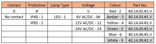 40 Series indicator switch — model number table (contact, protection, lamp type, voltage, colour)